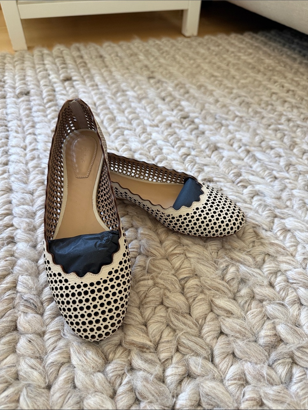 Chloe Cream Perforated Scalloped Ballet Flats